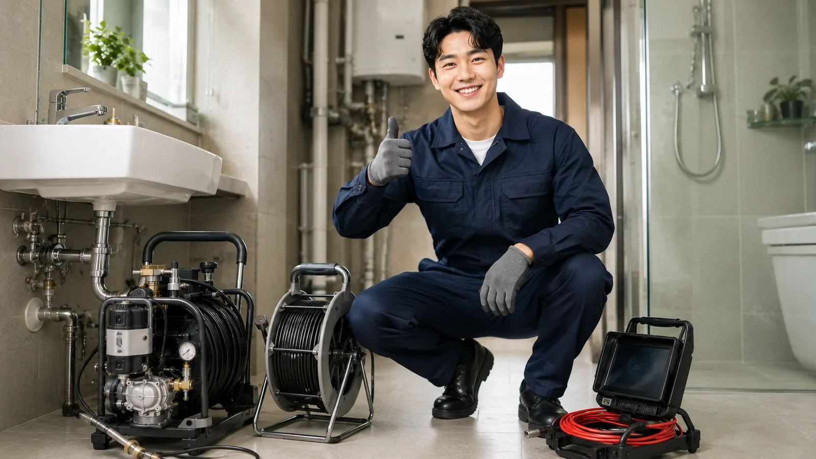 서울 배관막힘 작업복 기술자와 고압세척·배관내시경 전문 장비